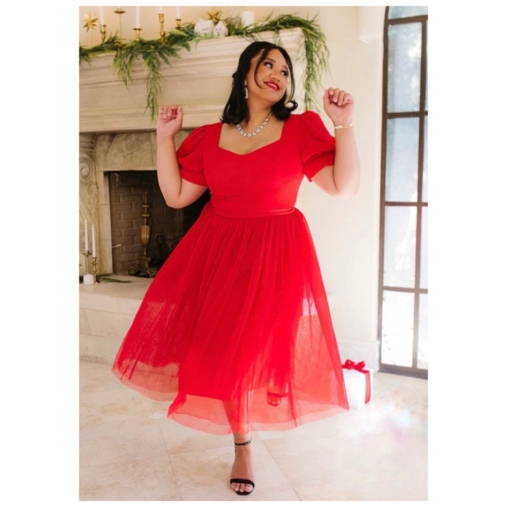 Ivy City Co Red Ballerina Tulle Midi Dress Puff Sleeve  Neckline Formal Size L
